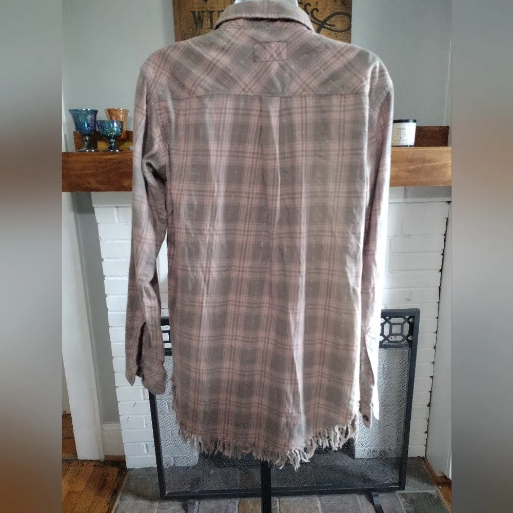 Current/Elliott Plaid Button Down Shirt, Pink And Gray w/ Fringe Bottom - Image 3