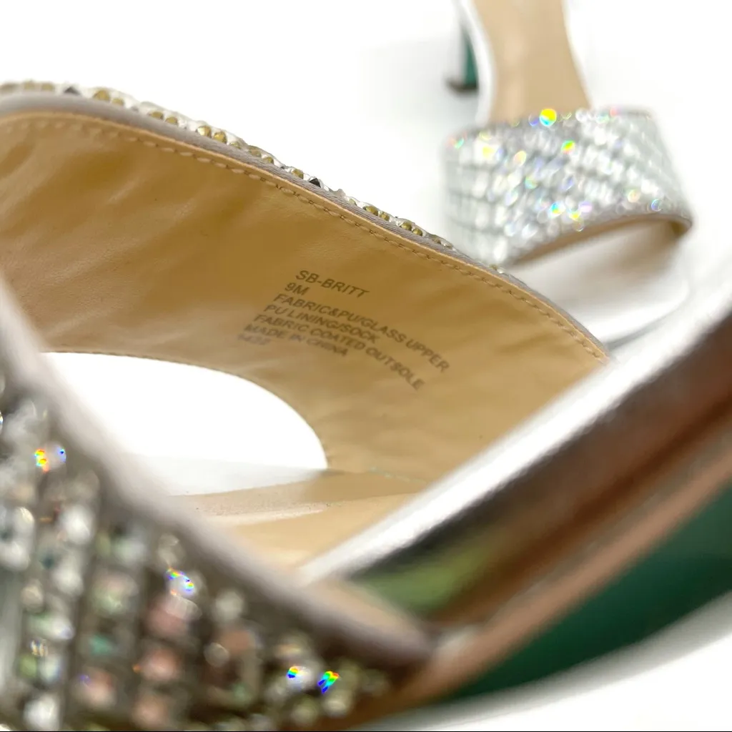 Betsey Johnson Silver Rhinestone Heels Glam Strappy Sandals, Metallic Party 9 - Image 11