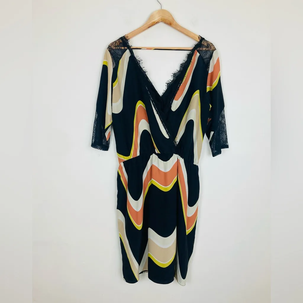 Skunkfunk mod print black orange yellow lace trim silk mini dress with v - Image 3