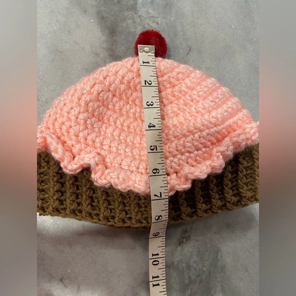 Handmade Crochet Pink Strawberry Cupcake Beanie Winter Hat Cozy Comfy Warm - Image 3