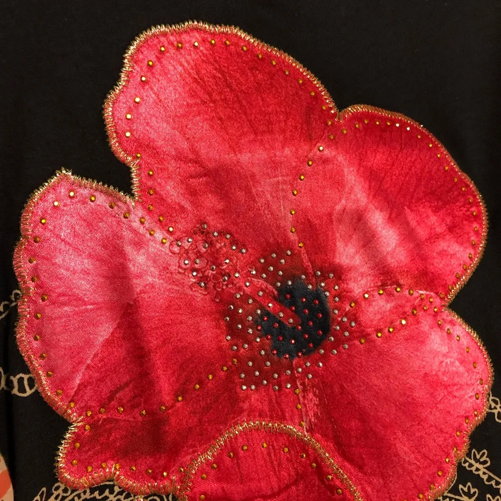 Desigual Dress Black Long Sleeved with Red Satin Applique Flowers Cotton M - Image 3