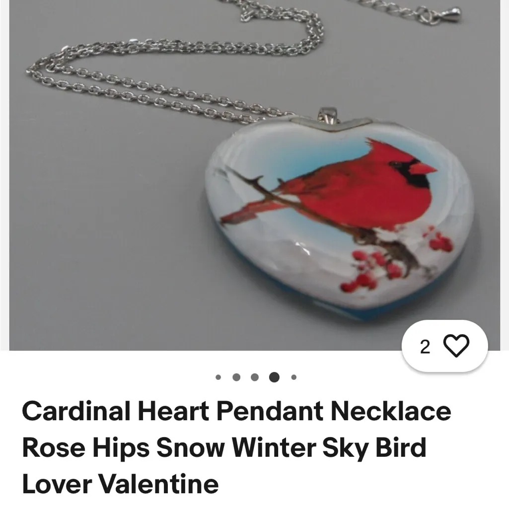 Vintage Heart Necklace - Winter Scene w/Cardinal - Image 5