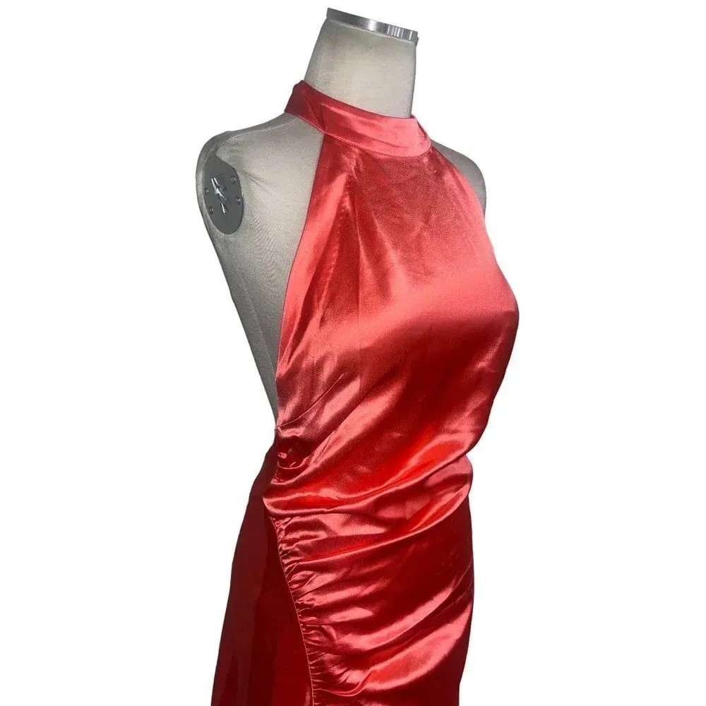 Retrofete Sabrina Satin Dress in Coral Large New Womens Long Gown Midi Pink - Image 6