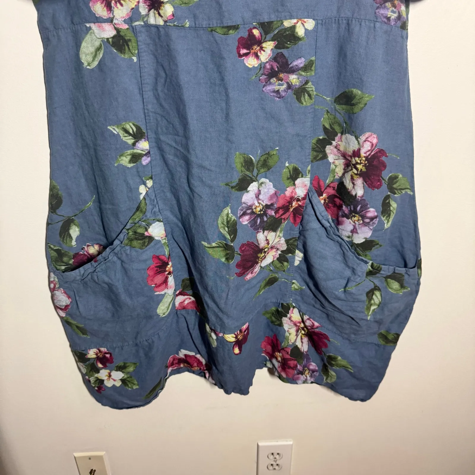 Vasna Shirt Dress Women S Blue Pink Floral Linen Boxy Lagenlook Pocket Roll Tab - Image 5