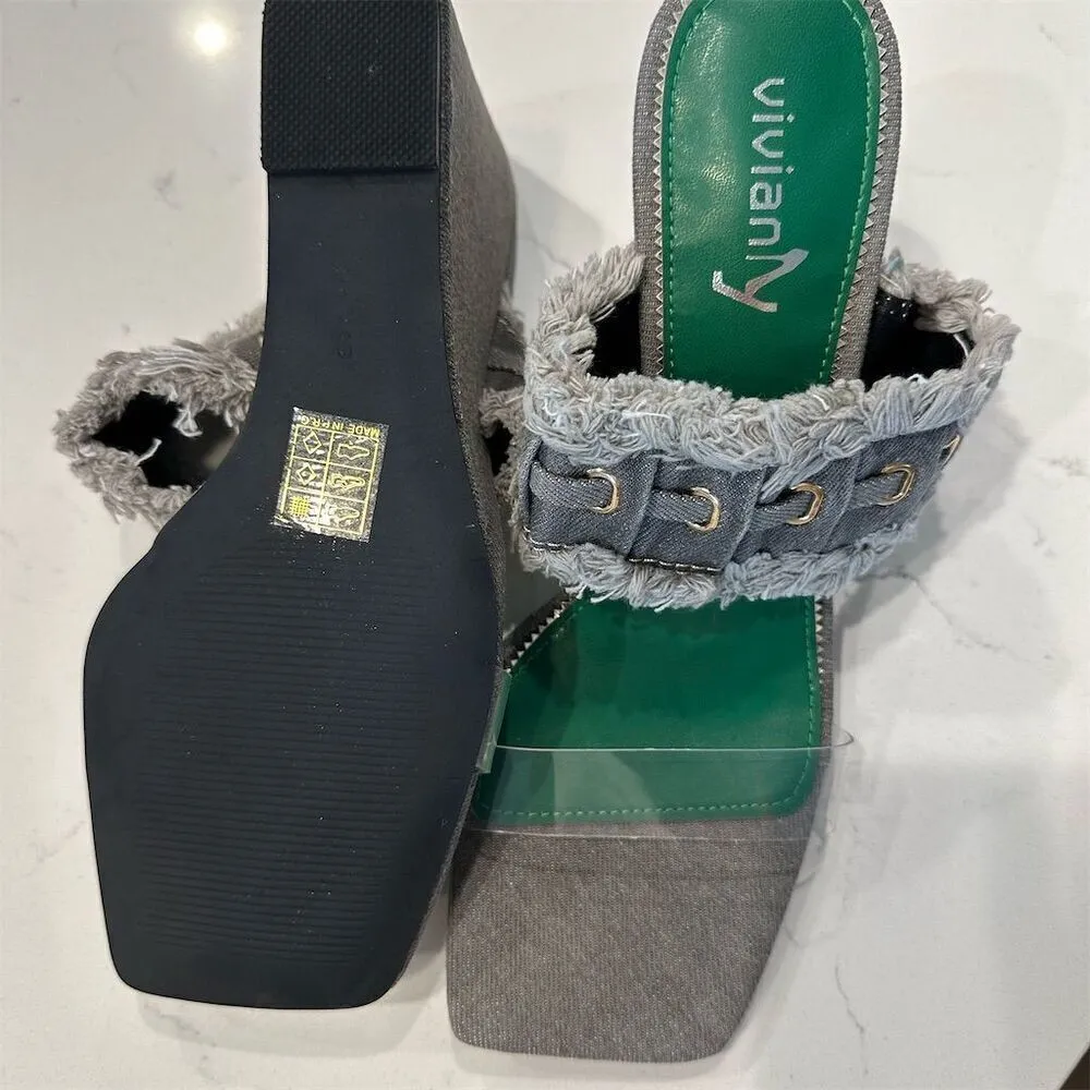 NWT Vivianly Women's Gray Denim Wedge Sandals Size 9 Open Toe Casual Summer Shoe - Image 3
