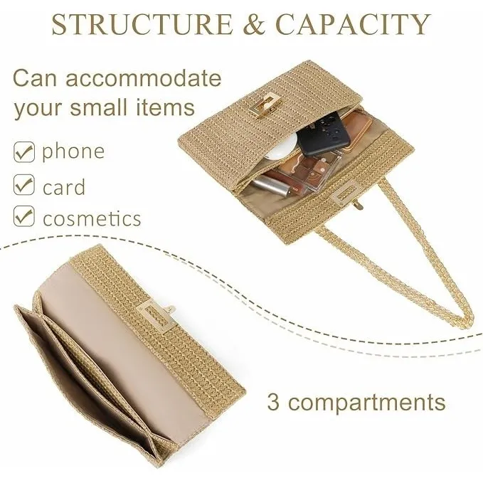 Straw Clutch Purses Women Summer Beach Handbags Boho Woven Khaki With Chain - Image 4
