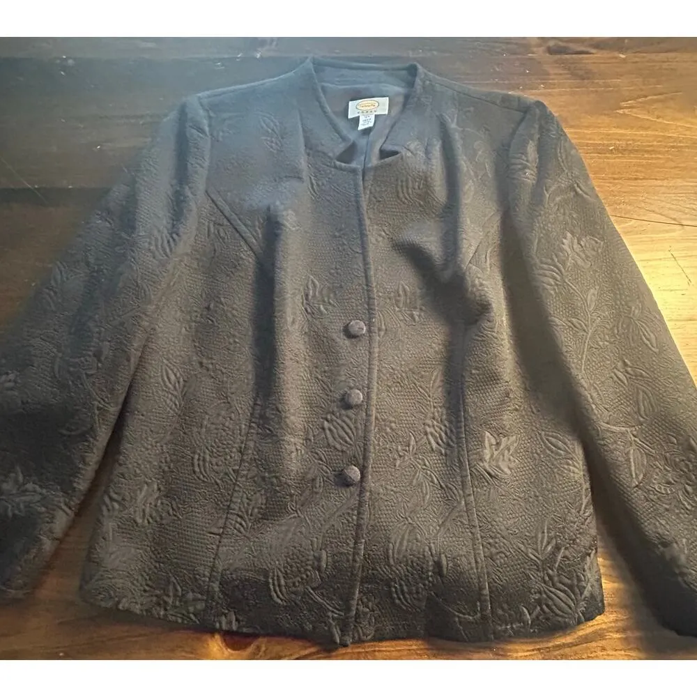 Talbots Silk Cotton Black Long Sleeve Blazer Jacket Floral Print Womens Size 12W - Image 2
