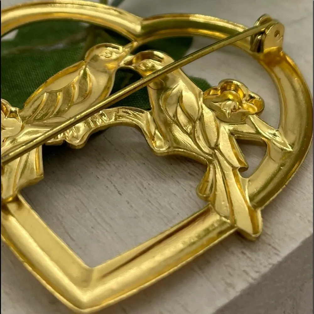 Vintage 1940s Lovebird Heart Rhinestone Brooch Pin Gold - Image 10