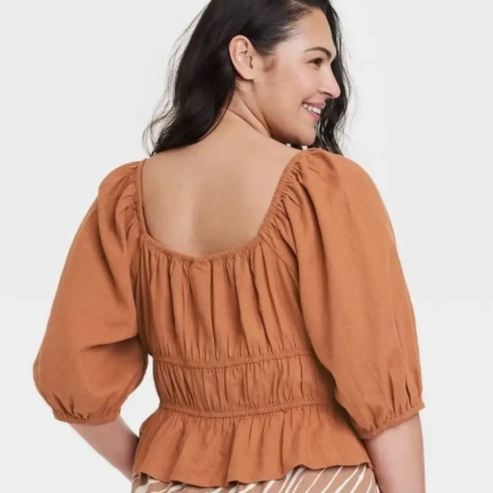 Women's Puff Elbow Sleeve Linen Peasant Shirt Top A New Day - Image 2