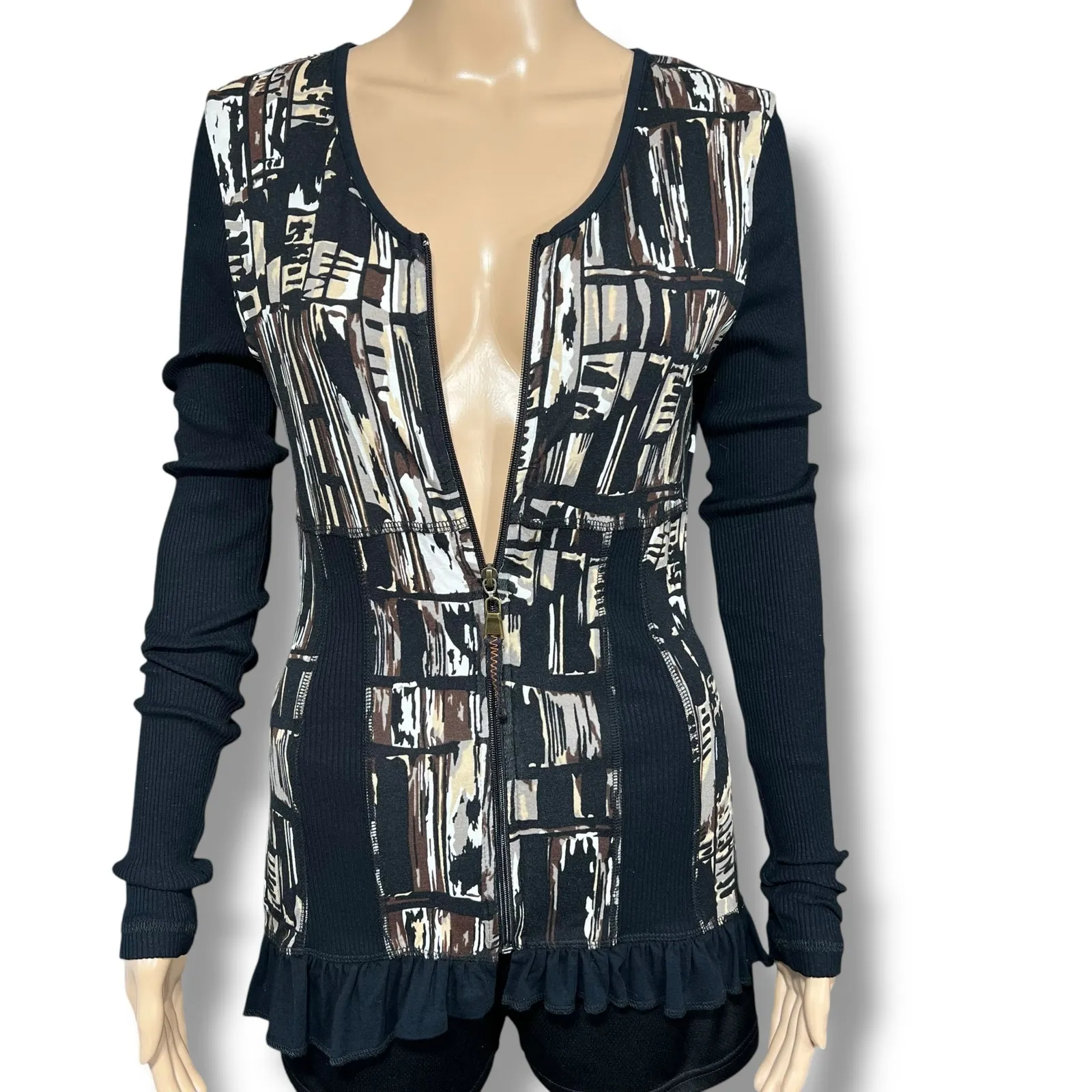 Dolcezza Womens Shirt Top Full Zip Long Sleeve Ribbed Ruffled Hem Black Brown S - Image 6