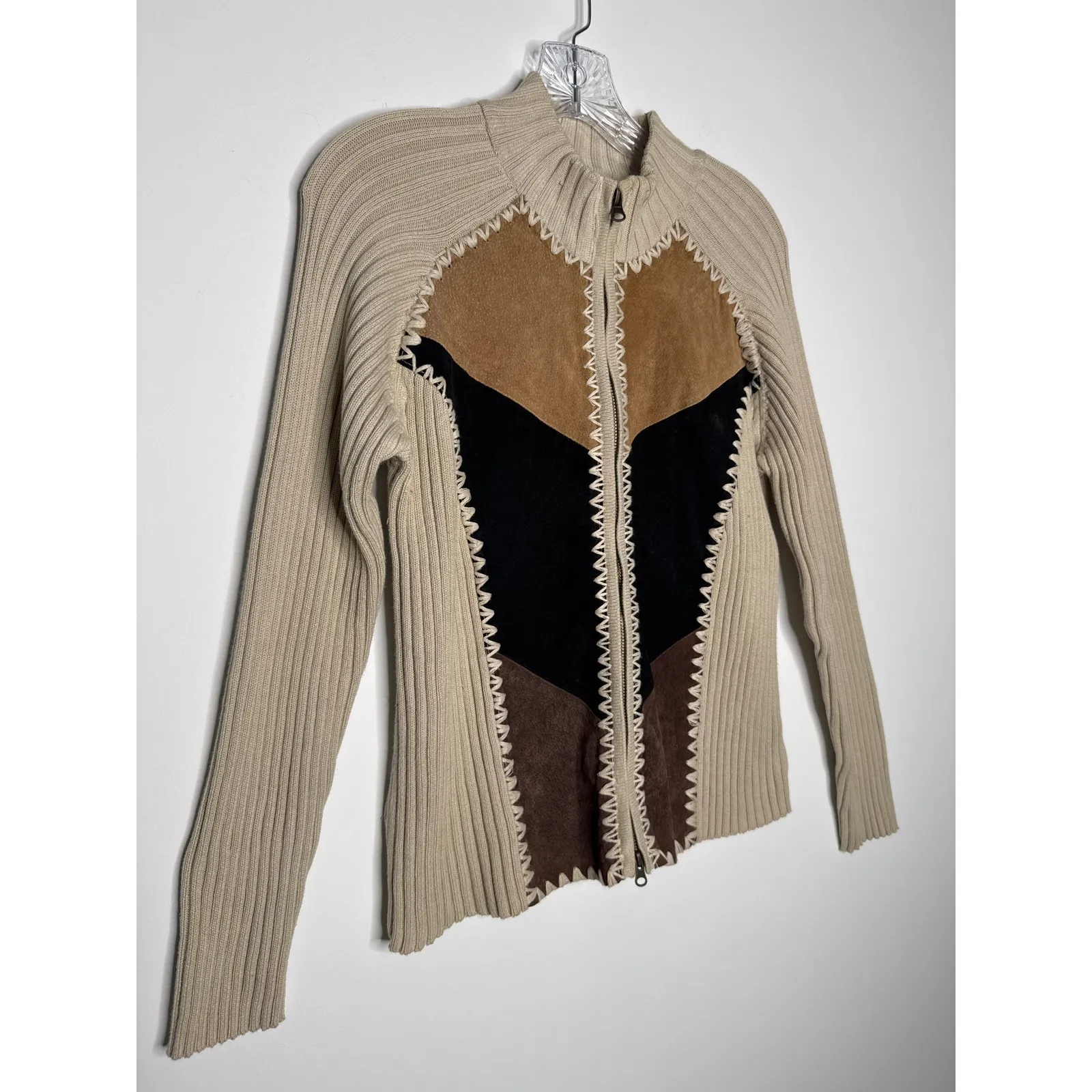 Vintage Kikit by Maurice Sasson Leather Knit sweater zipper jacket 90s Western M Tan Size M - Image 7