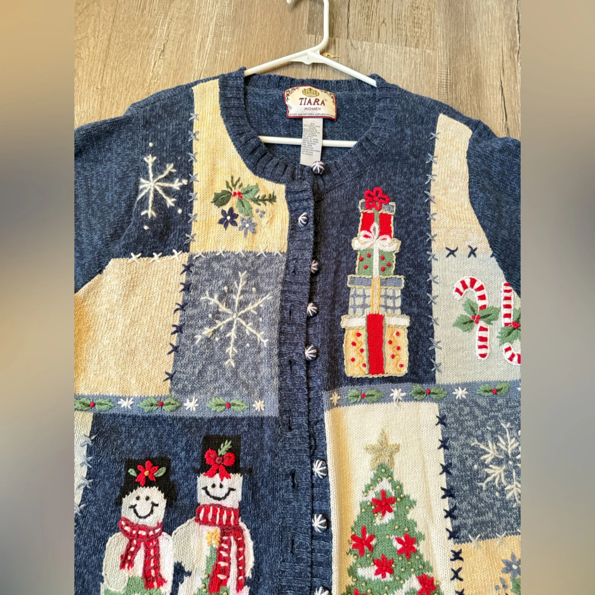 VTG Tiara Navy Blue Holiday Christmas Sweater Snowman Hippie Boho Multi Color 2X - Image 10