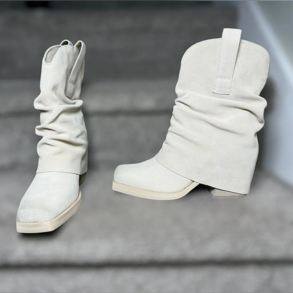 NEW Steve Madden Pia Suede Foldover Square Toe Block Heel Boots Natural Bone 6.5 - Image 15