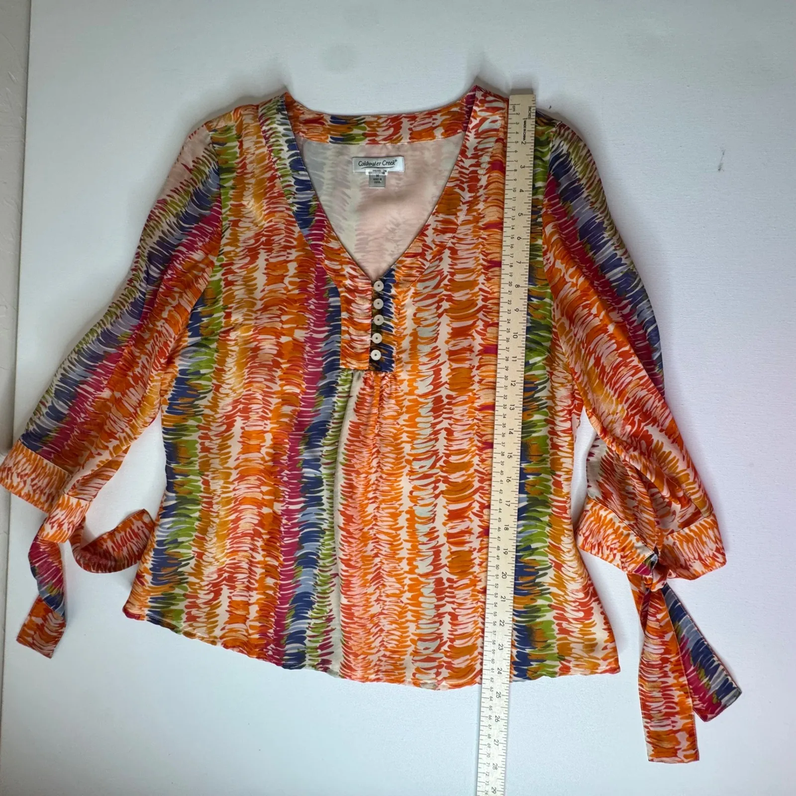 Coldwater Creek 100% Silk Abstract Print Blouse Medium V-Neck Colorful Rainbow - Image 9