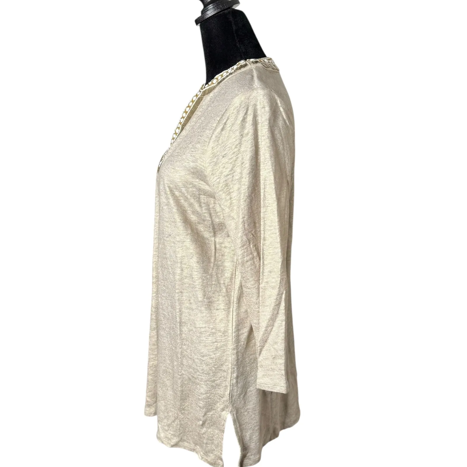 Chico's 100% Linen Beaded Tunic Top Size 0 S Metallic Shimmery Gold‎ 3/4 Sleeve - Image 3