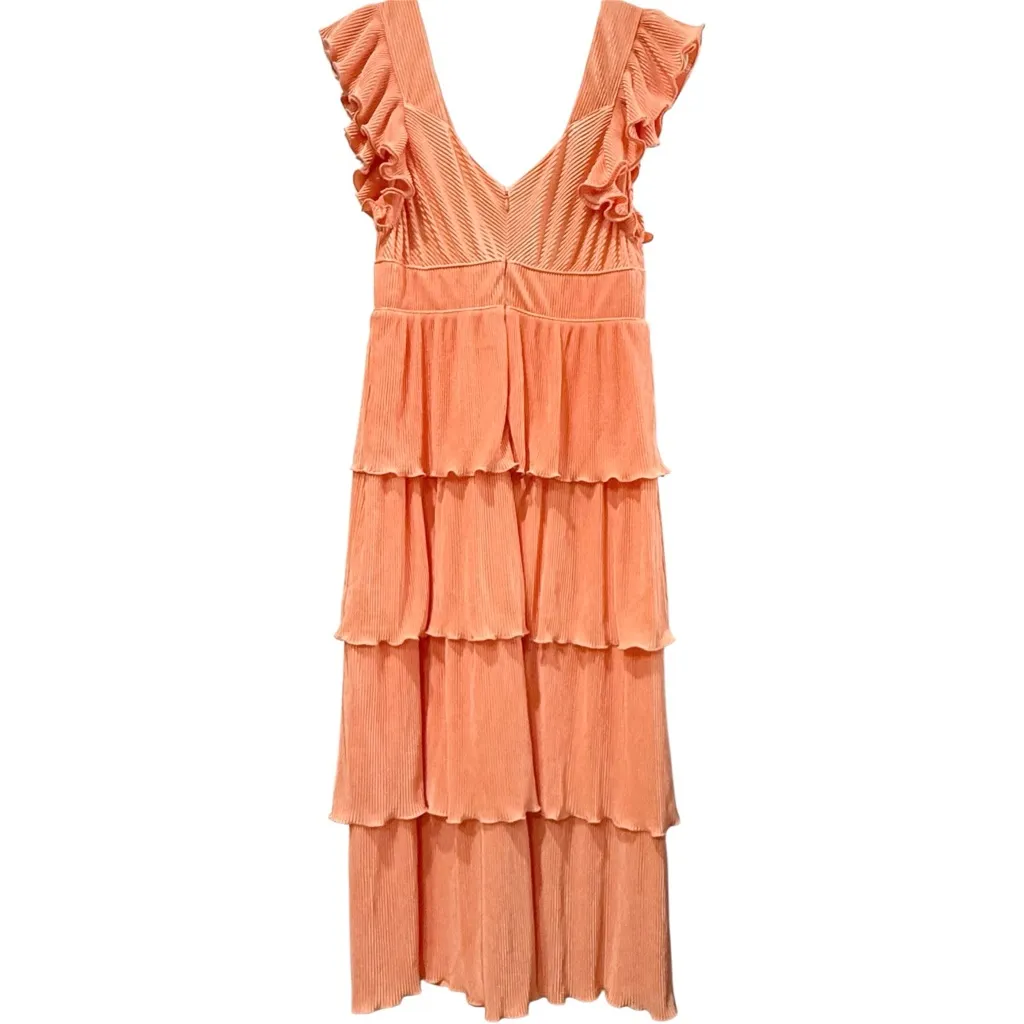 Rare Revolve Saylor‎ Grecia Tiered Pleated Low V Coral Maxi Dress Size Large - Image 4
