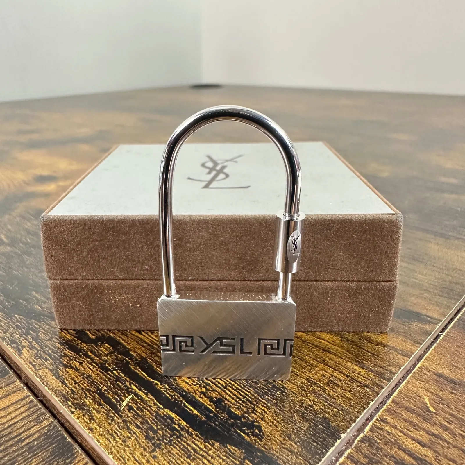 YSL Vintage  Padlock Bag Charm Key Ring Silver Greek Key w/ Box - Image 4