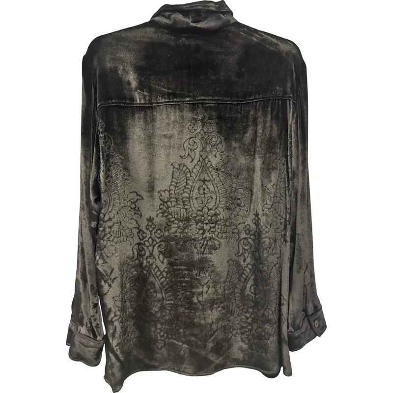 Dressy Velvet Top‎ FINITY Naturals Button Up Shirt with damask pattern Women's L Black Size L - Image 7