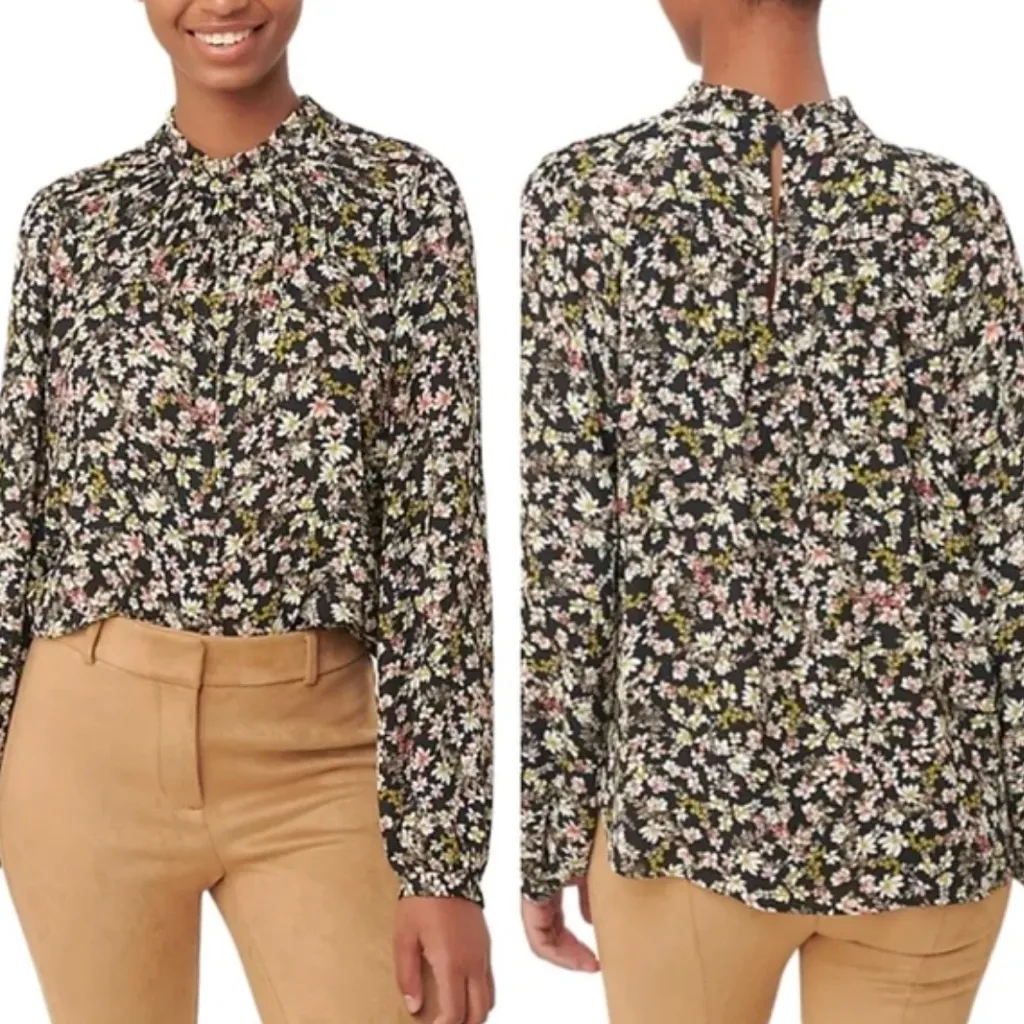 LOFT mock neck floral blouse long sleeves back button village boho country Sz L - Image 3