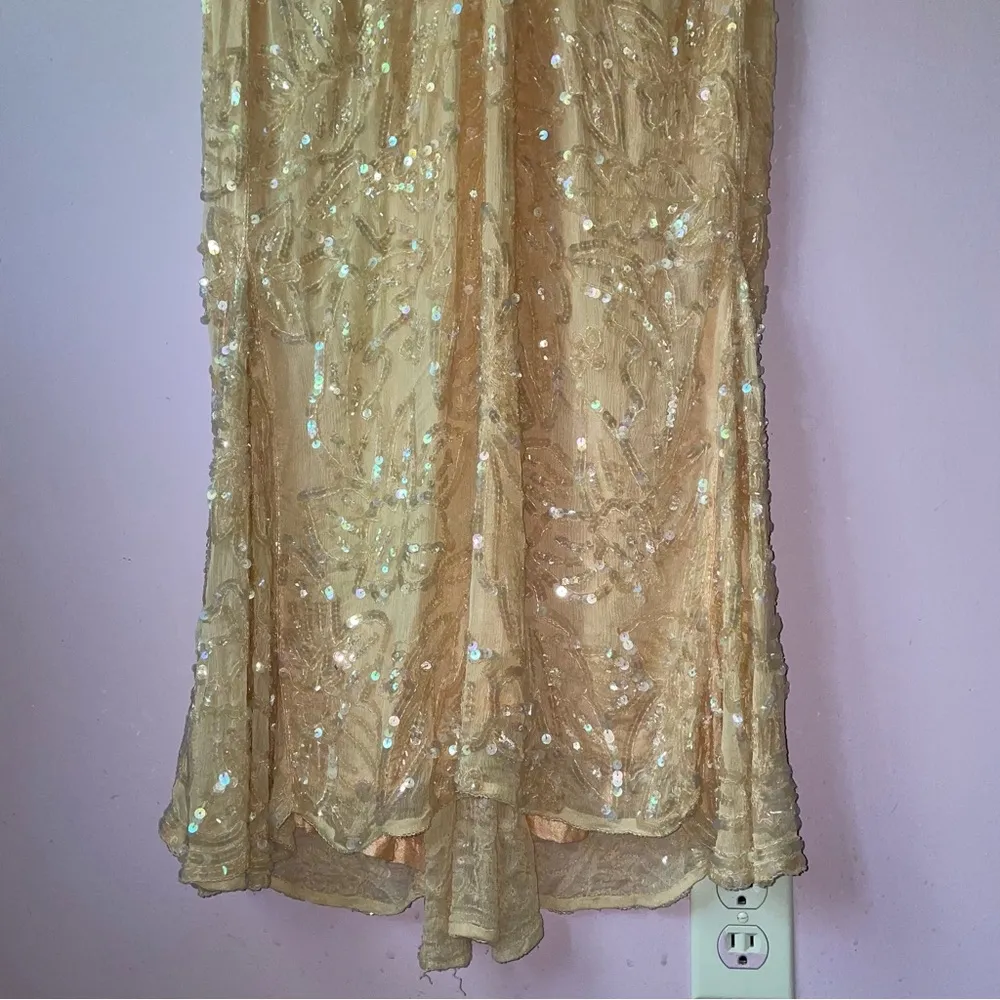 Vintage Size M Pastel Peach Silk Sequin Ball Gown Formal Dress Modest Hoco Prom Orange Size M - Image 4