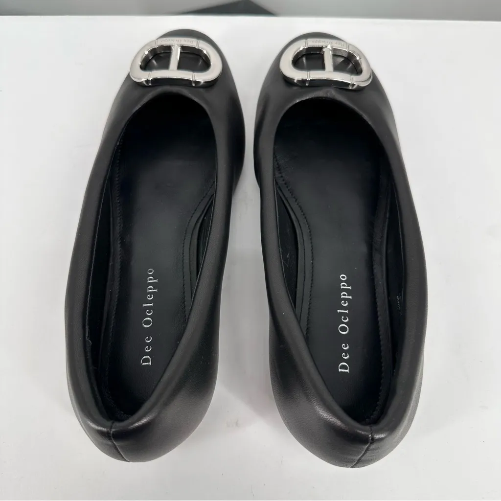 Dee Ocleppo Prague Embellished Flats in Black size 8 Silver Logo Buckle Leather - Image 10