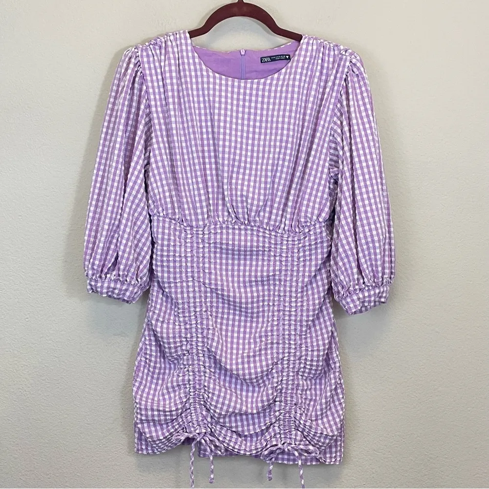 ZARA‎ Purple Gingham Puff Sleeve Rushed Mini Dress Size Small BLOGGERS FAV - Image 5
