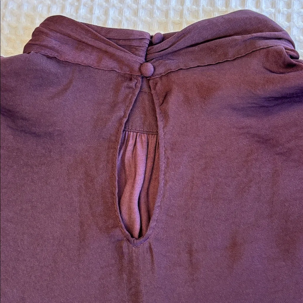 Naked Zebra MEDIUM Burgundy Purple Wine Silky Ruffle Long Sleeve Highneck Blouse - Image 7