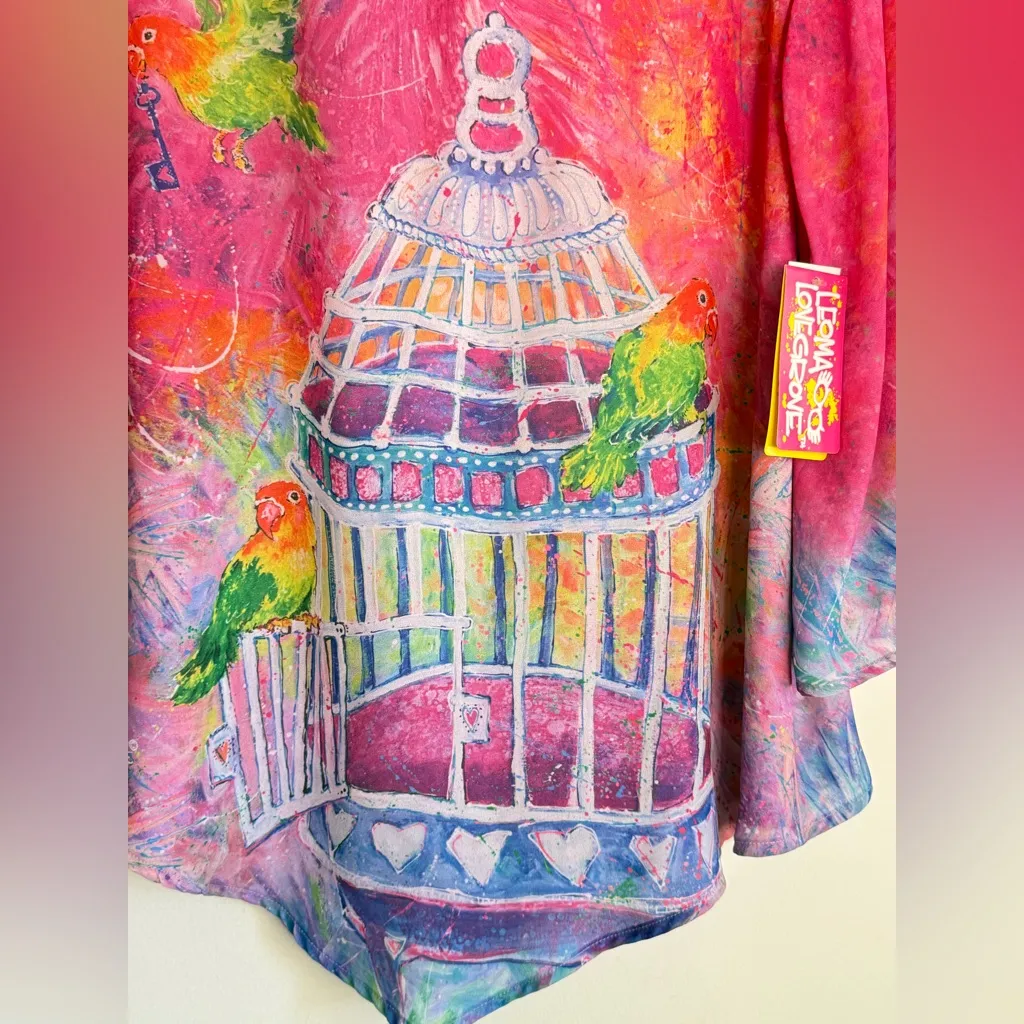 Leoma Lovegrove XL Art Tunic Birdcage Parrot Print Boho Wearable Art Top Pink - Image 3