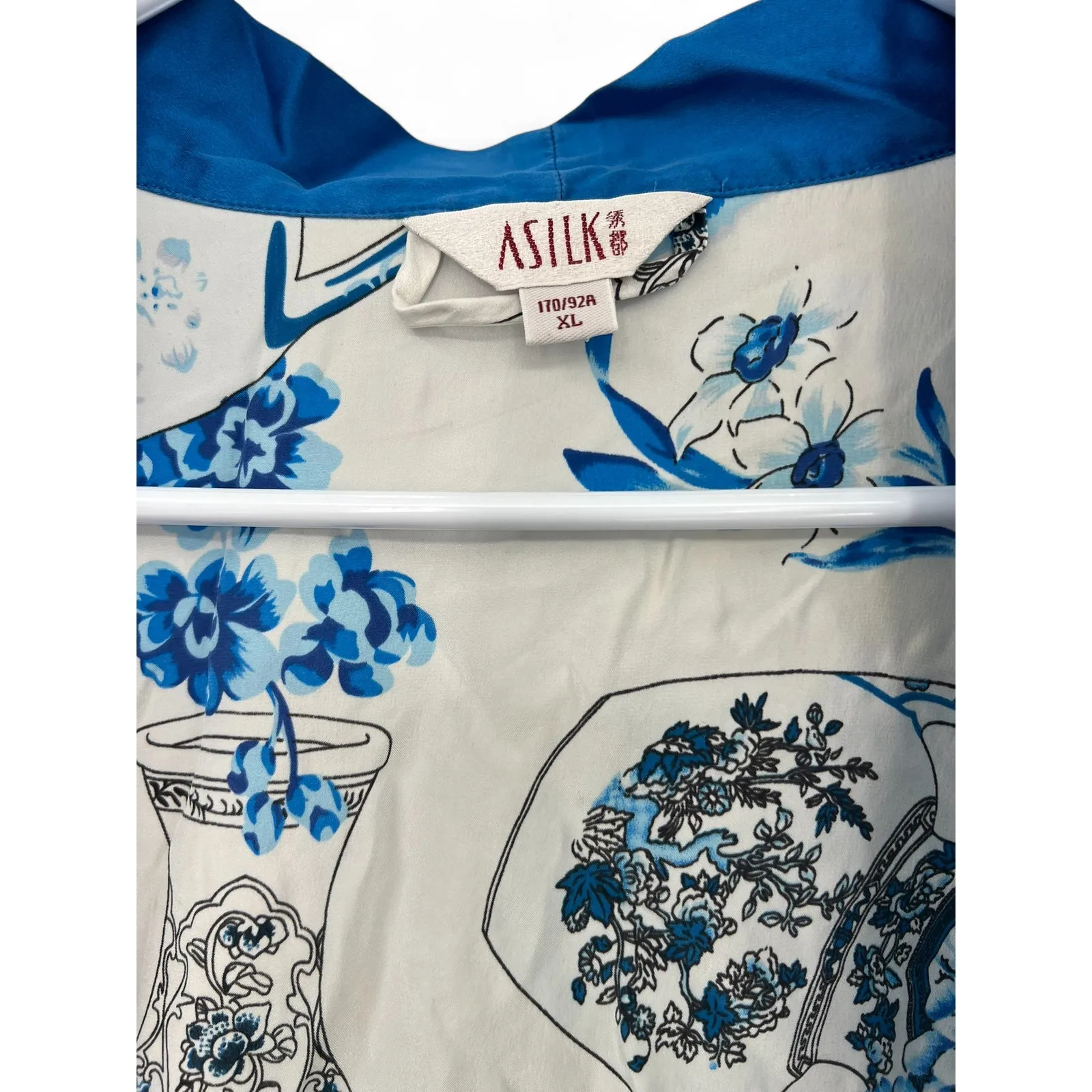 ASilk Japan 100% Pure Silk Japanese Short Robe Sleepwear Flowers Vases Luxury Blue Size XL - Image 5