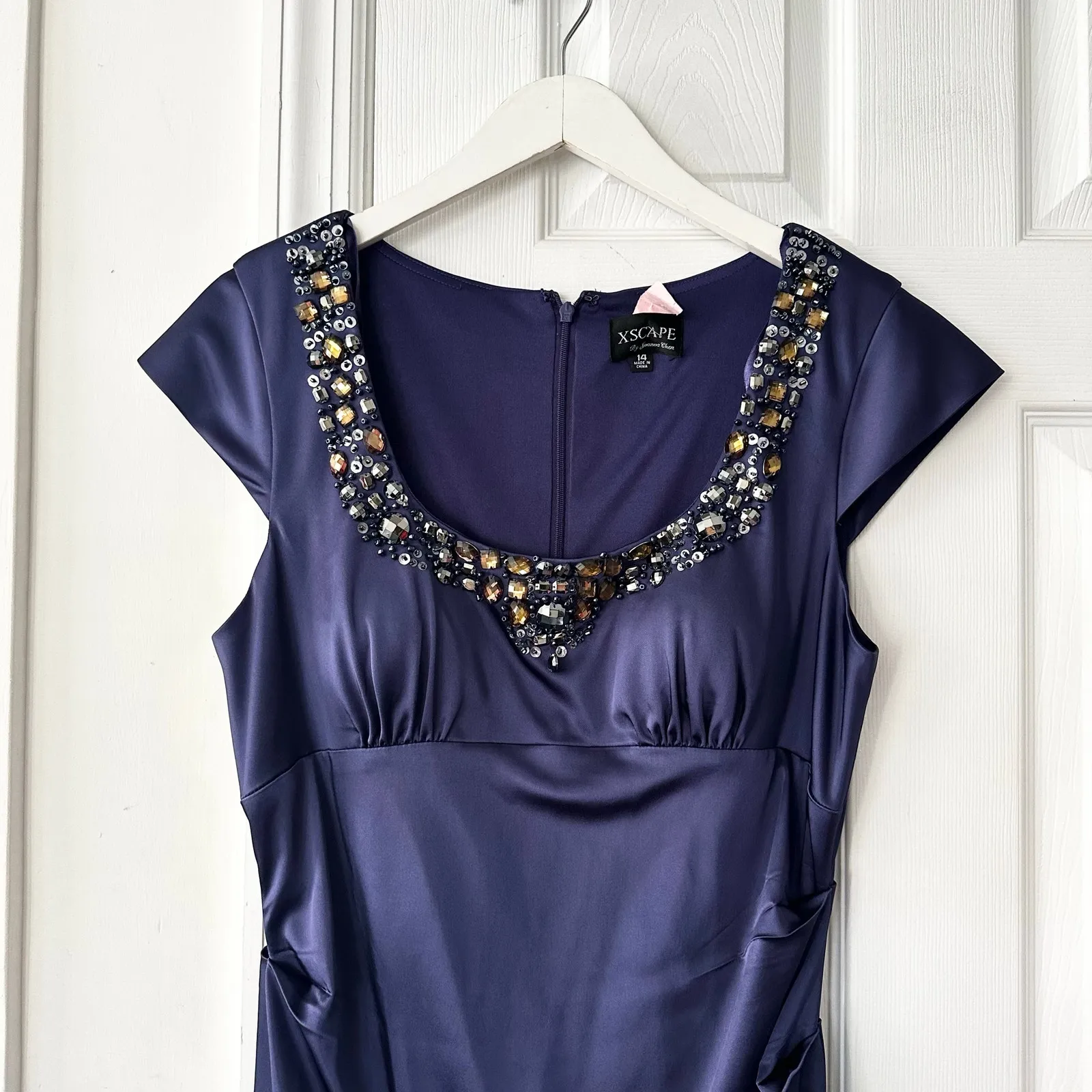 Xscape Navy Blue Bejeweled Embellished Neckline Ruched Cocktail Evening Dress 14 - Image 2