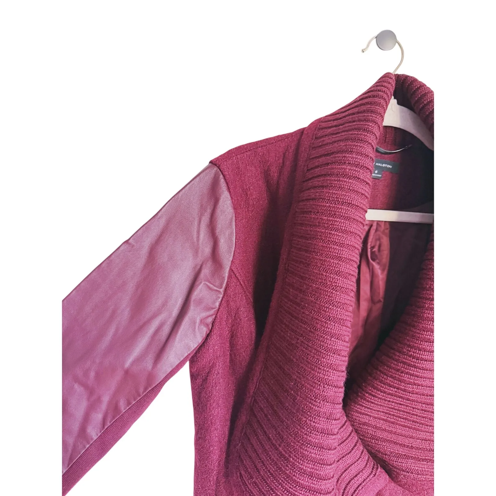 Halston Quiet Luxury Leather Wool Knit Jacket Peacoat Size 6 Red Maroon Street - Image 5