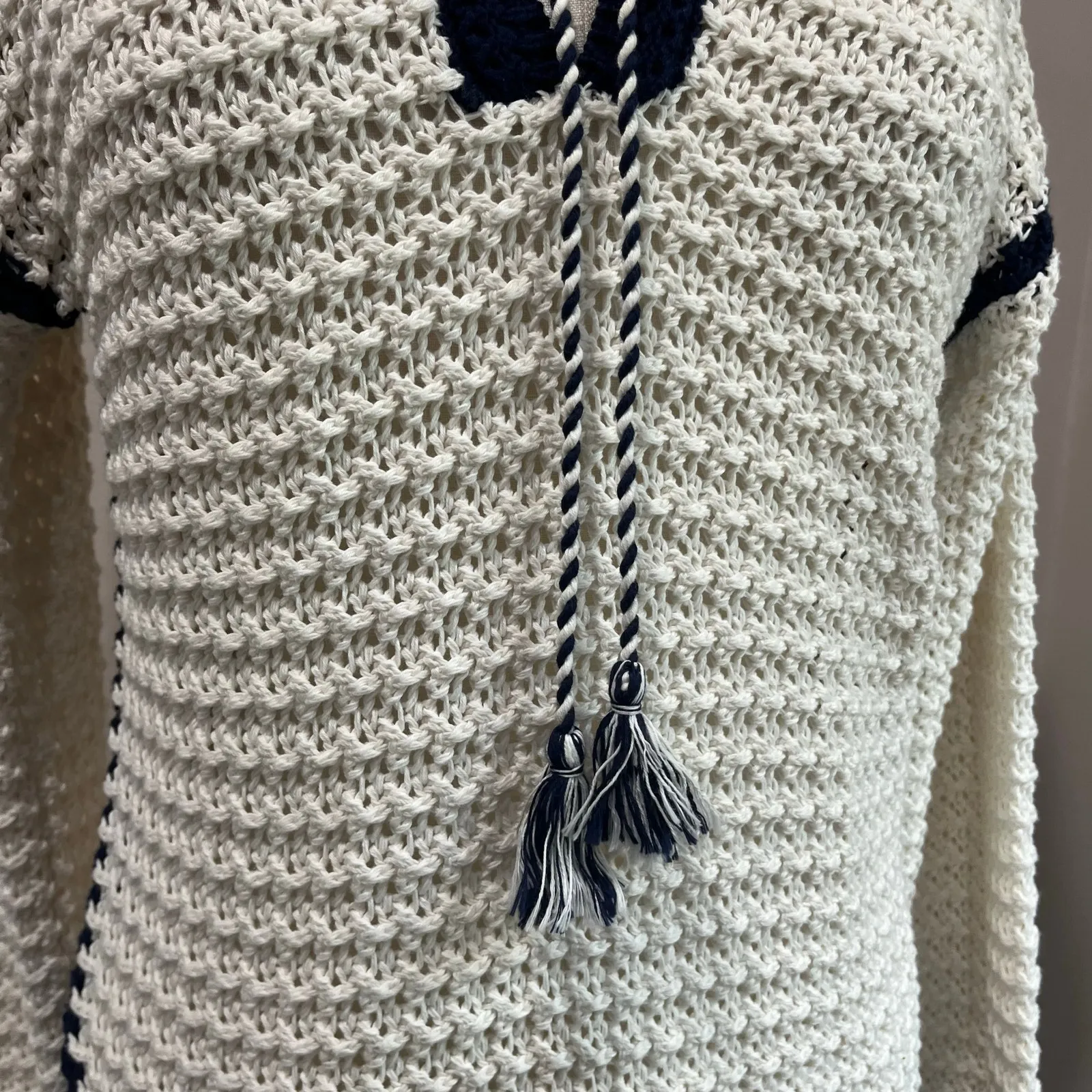Martha Stewart Collection White Navy Knit Preppy Nautical Sweater Sz XS Blue - Image 5