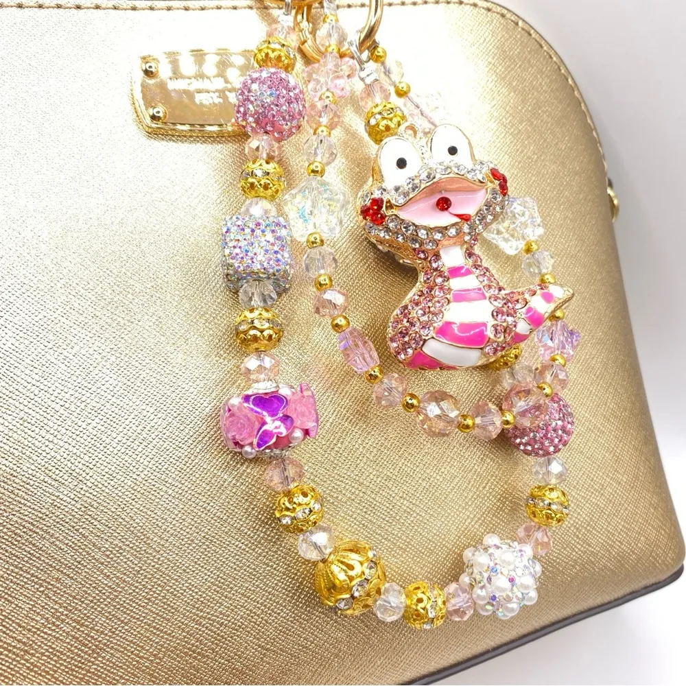 🩷 Luxury Bag/Phone Chain Charm/Keychain PINK CHINESE DRAGON Bling Crystal Beads - Image 4