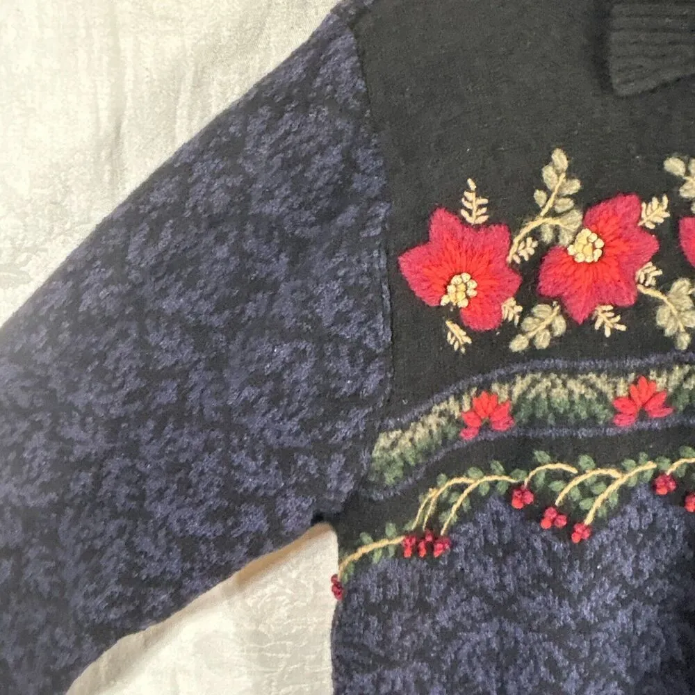 Vintage Cardigan Sweater Large Black Lambswool Silk Floral Embroidered 3D Talbot - Image 10