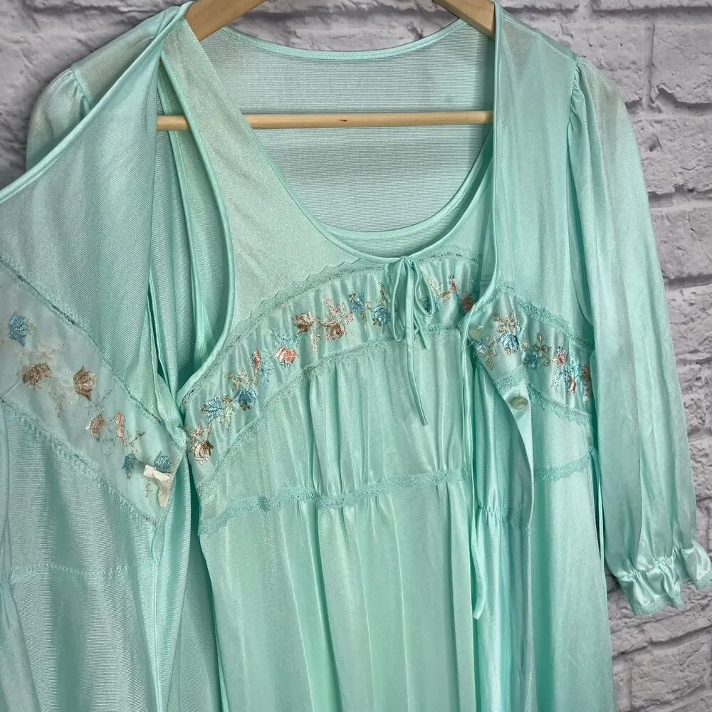 Vintage Texsheen Peignoir Nightgown Set Teal Blue Size M Shiny Long Floral 60/70 Size M - Image 5