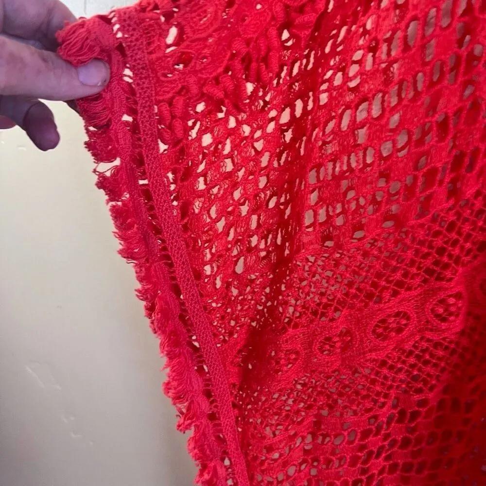 Chico's Chico’s Womens Crocheted Swim Beach Knit Cover Up Cherry Red VNeck Pullover OS‎ - Image 3