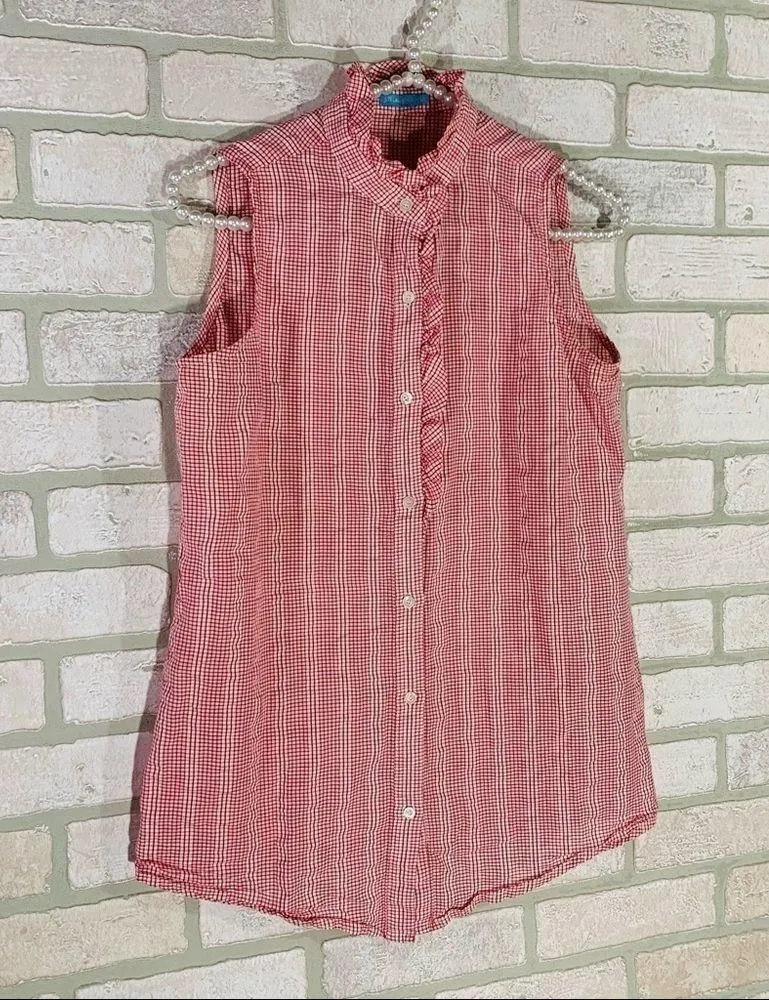 J. McLaughlin Red Plaid Ruffle Front Sleeveless Button Down Shirt Size XS - Image 2