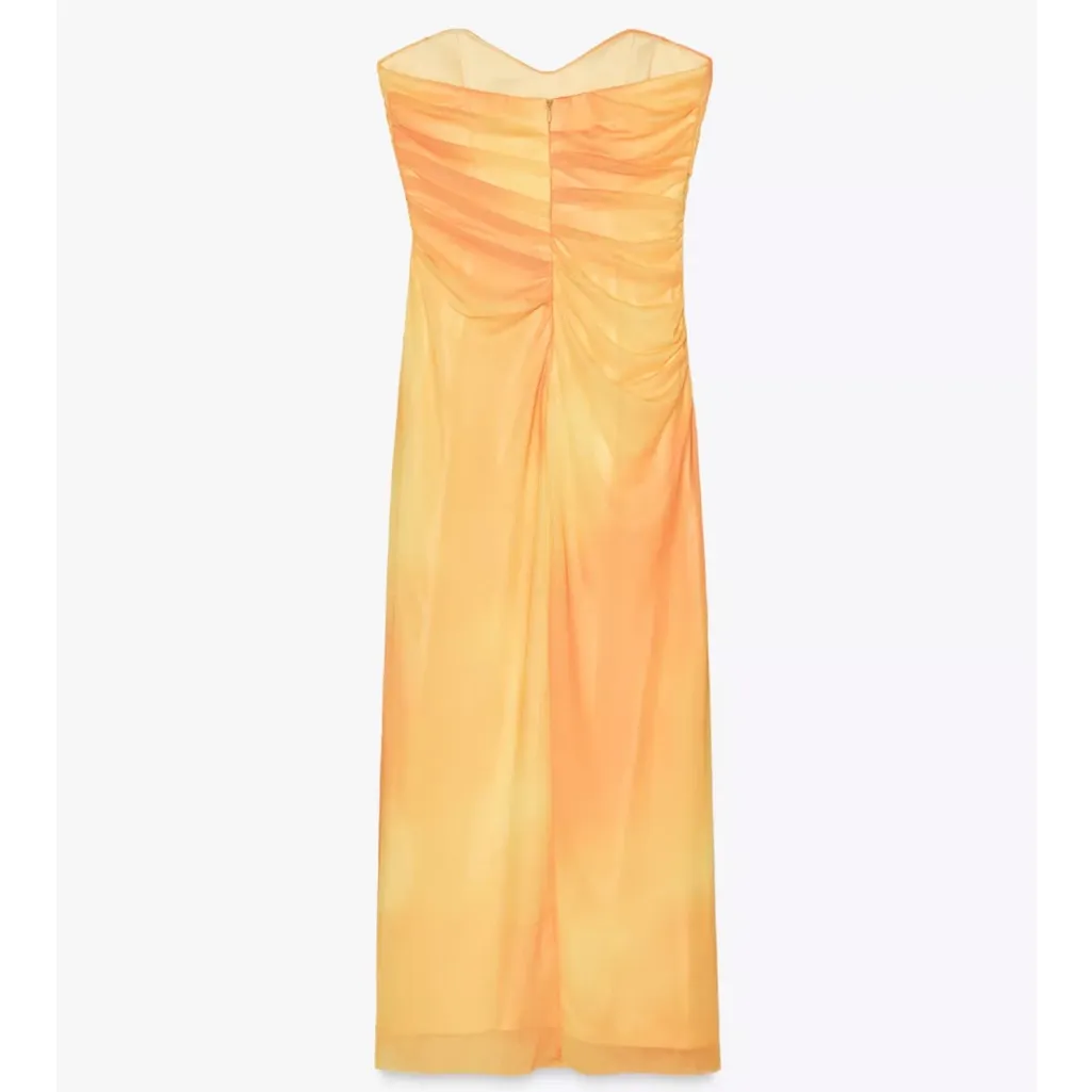 Zara NWT yellow orange tie dye printed tulle midi draped ruched sweetheart dress - Image 14