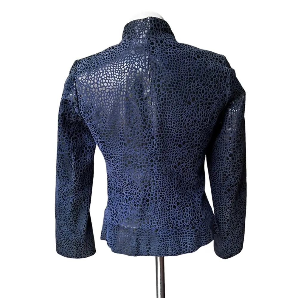 Vintage Marco Polo Leather and Suede Semi Fitted Zip Front Jacket Blue Size M - Image 5