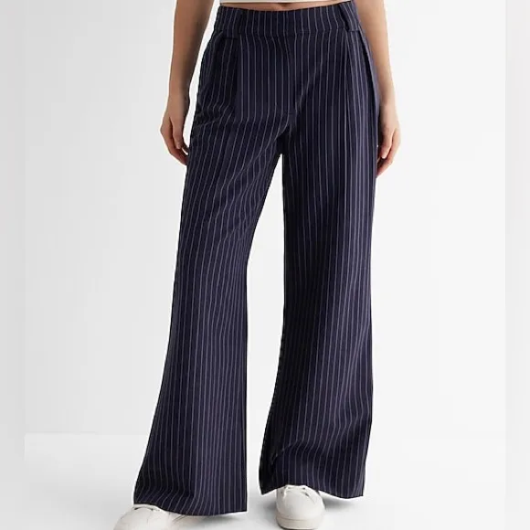 Express Pinstripe High-Waisted Wide Leg Pants Pleated Slacks Navy Blue White  12 - Image 9
