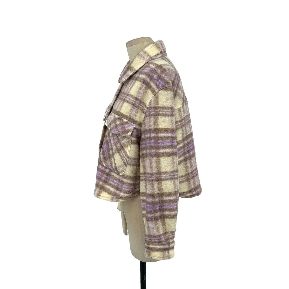 Zara Cropped Plaid Jacket Shacket‎ Purple Cream Size Large - Image 6