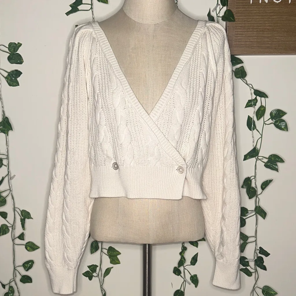 Aerie Chunky Knit Puff Sleeve Cropped Cardigan Sweater Ivory Cream White Trendy - Image 6