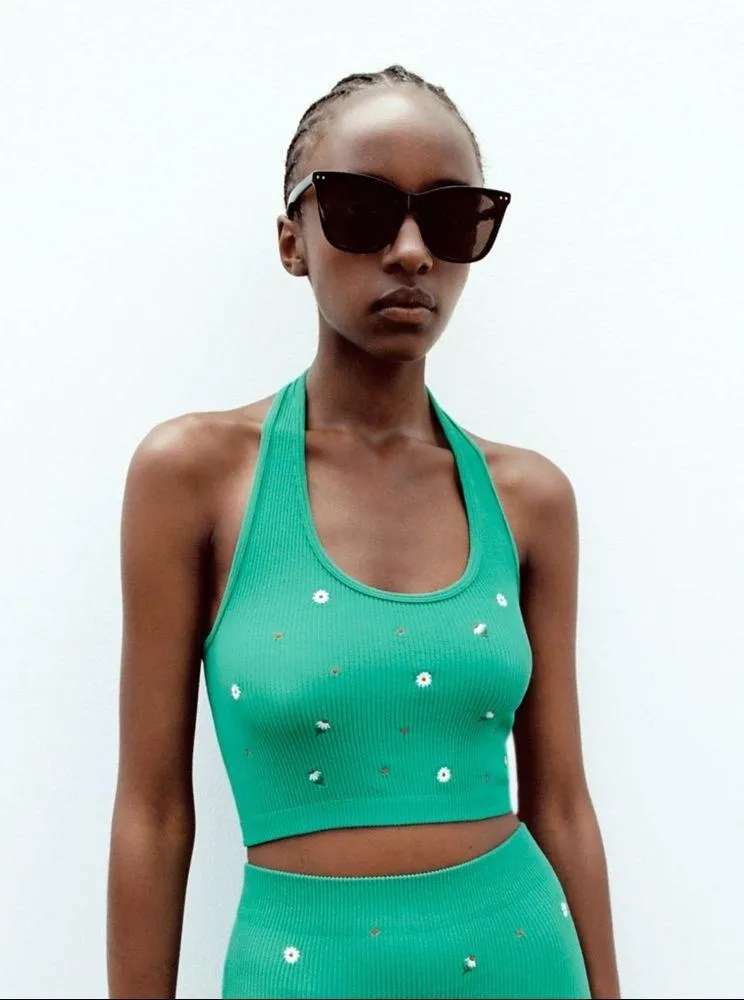 NWT Zara Seamless Halter Neckline Embroidered Crop Top Green XS-S - Image 3