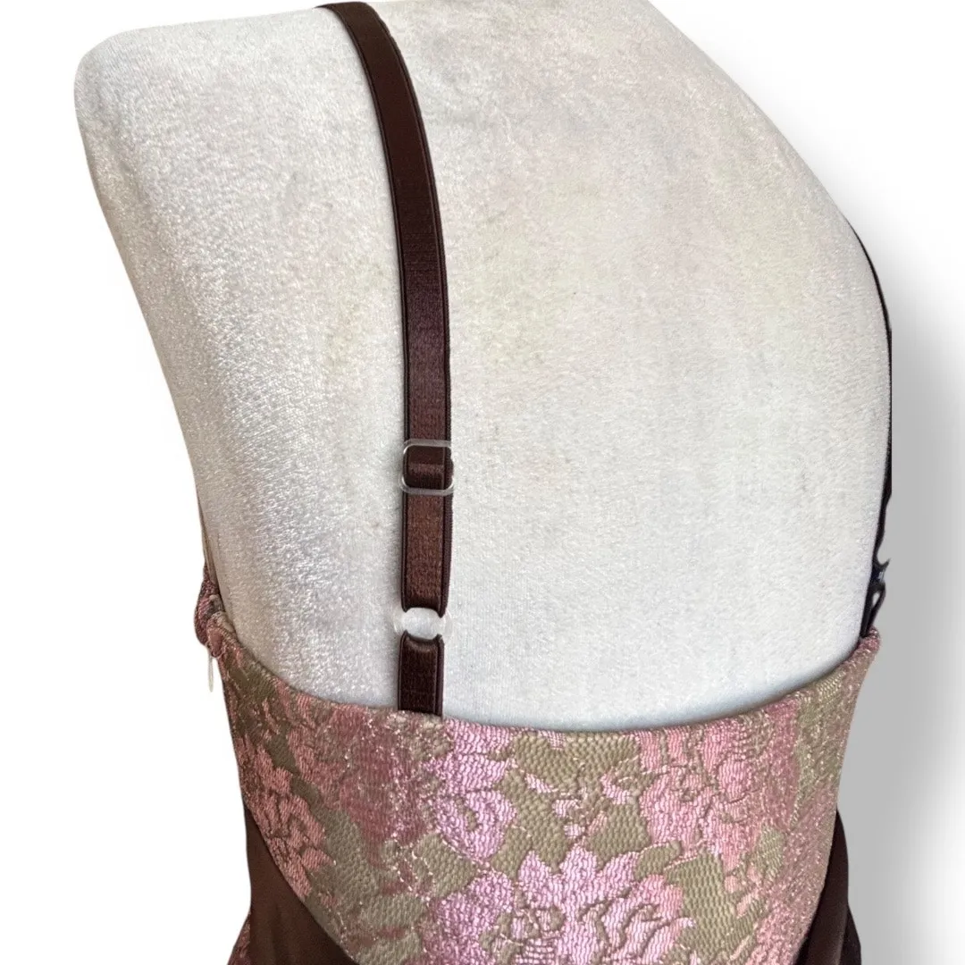 Vintage Y2K Necessary Objects Pink Floral Lace Slip Dress Brown Satin Bow Small - Image 8