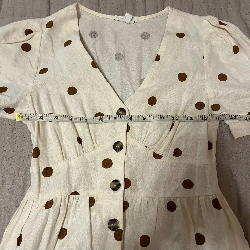 MINE Cream and Brown Polka Dot Linen Mini Puff Sleeve Dress - Image 4