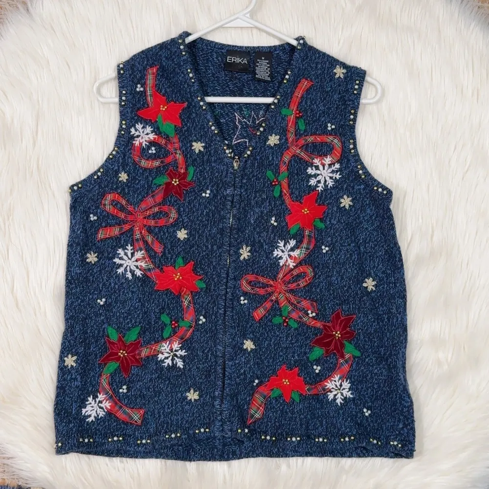 Erika  Vintage Blue Knit Beaded Christmas Cardigan Sweater Full Zip Vest Size M - Image 2