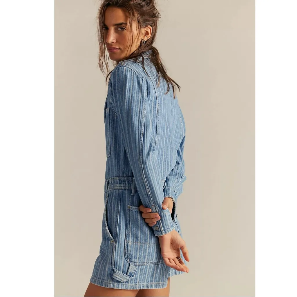 Free People Downtown Denim Railroad Patchwork Coveralls Romper Size Large - Image 4