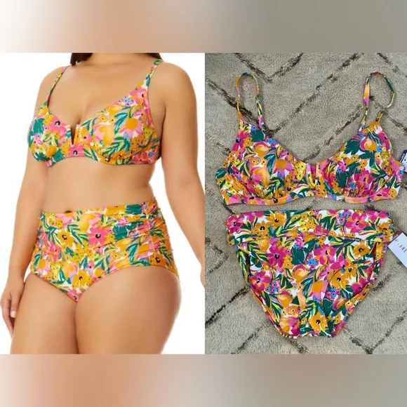 NWT Anne Cole LTD Edition Floral V wire Bikini Top Convertible High Waist Swim - Image 2