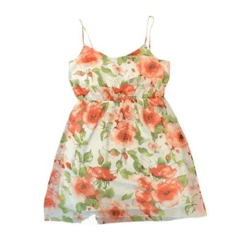 Soprano Floral Print Mini Dress Coral Roses White Spaghetti Strap L - Image 6
