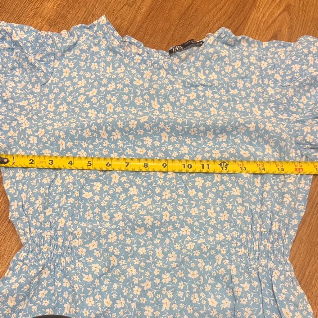 Zara X-Small Baby Blue Ditsy Floral Short Puff Sleeve Ruffle Maxi Dress Long - Image 5